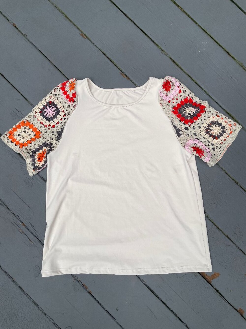 Womens Cream Polyester Top Granny Patch Crochet Sleeves Size M Boho Cottagecore